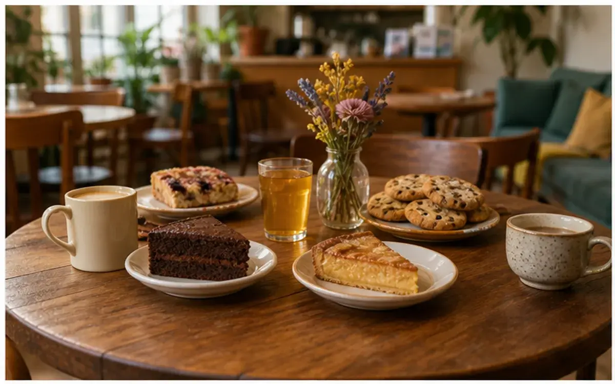 Table de café avec boissons chaudes, gâteaux et biscuits maison