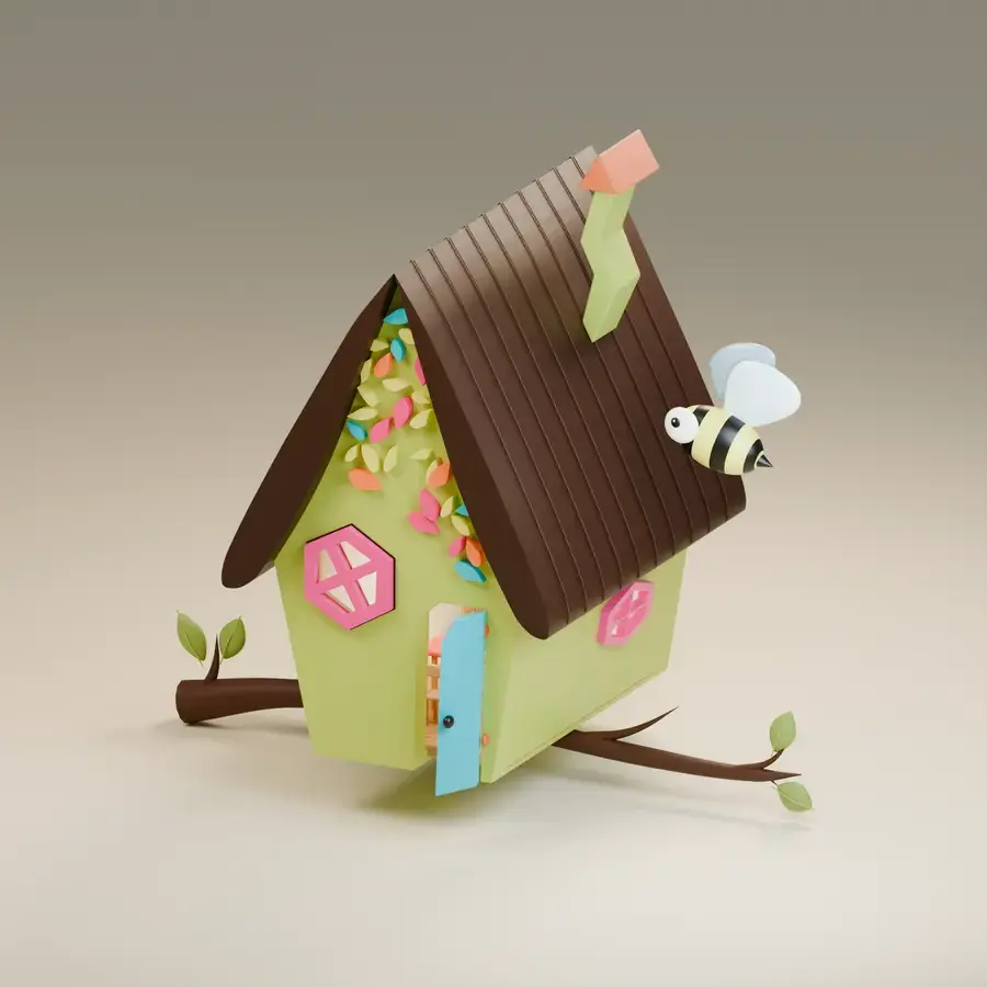 La cabane verte de La Cabiotte, avec son toit brun, ses fenêtres roses et une abeille.
